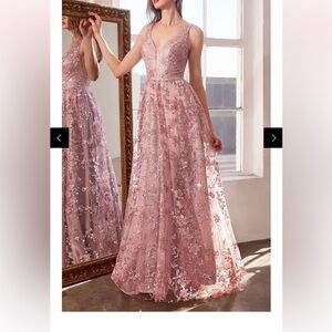 Betsy & Adam Blush Lace Prom Gown